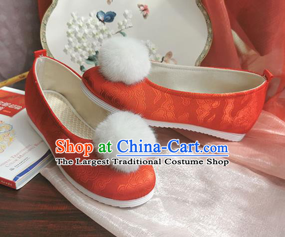 China Traditional Hanfu Shoes Handmade Ancient Jin Dynasty Princess Shoes Red Satin Shoes