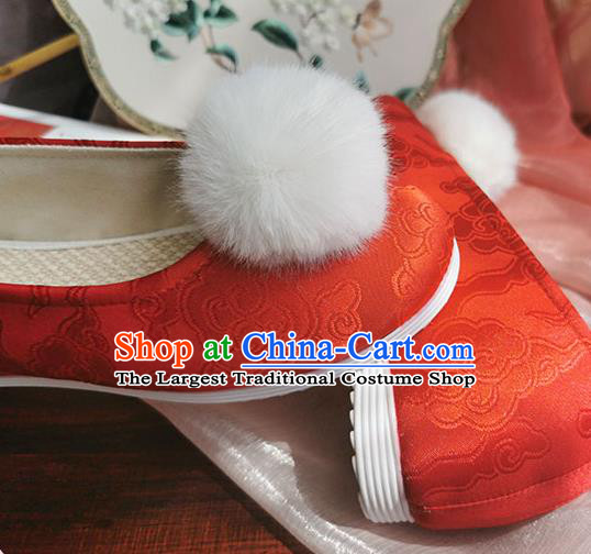 China Traditional Hanfu Shoes Handmade Ancient Jin Dynasty Princess Shoes Red Satin Shoes