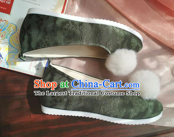 China Handmade Ancient Jin Dynasty Princess Shoes Olive Green Satin Shoes Traditional Hanfu Shoes