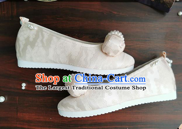 China Ancient Jin Dynasty Princess Shoes Handmade Champagne Cloth Shoes Traditional Hanfu Pearls Shoes