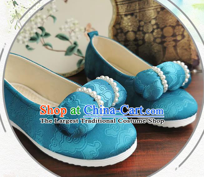 China Handmade Blue Cloth Shoes Traditional Court Hanfu Shoes Ancient Jin Dynasty Princess Pearls Shoes