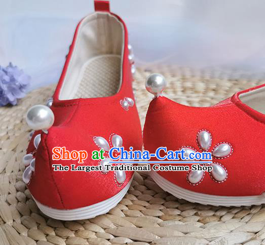 China Handmade Wedding Red Cloth Shoes Traditional Song Dynasty Pearls Shoes Ancient Princess Shoes