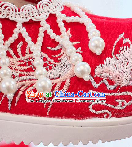 China Traditional Wedding Bride Shoes Handmade Pearls Tassel Wedge Shoes Red Embroidered Shoes