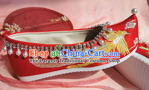 China Traditional Wedding Shoes Ancient Princess Red Cloth Shoes Classical Beads Tassel Shoes Embroidered Phoenix Shoes