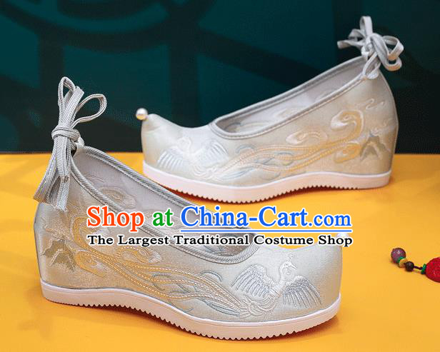 China Embroidered Phoenix Shoes Traditional Hanfu Light Green Satin Shoes Handmade Folk Dance Wedge Shoes