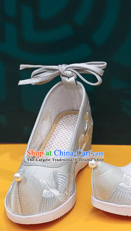 China Embroidered Phoenix Shoes Traditional Hanfu Light Green Satin Shoes Handmade Folk Dance Wedge Shoes
