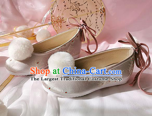 China Ancient Princess Shoes Classical Pink Brocade Shoes Traditional Hanfu Embroidered Peacock Feather Shoes