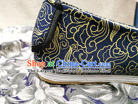 Chinese Ancient Noble Childe Shoes Traditional Ming Dynasty Emperor Shoes Navy Brocade Bow Shoes