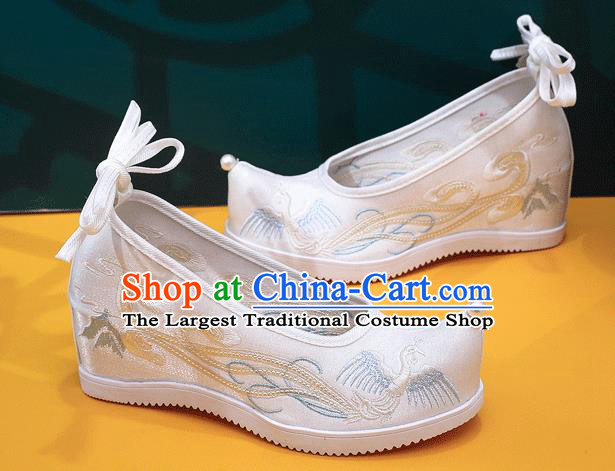 China Handmade Folk Dance Wedge Shoes Embroidered Phoenix Shoes Traditional Hanfu White Satin Shoes