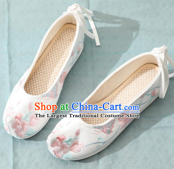 China Ming Dynasty Young Lady Shoes Traditional Hanfu Bow Shoes Embroidery Peony White Cloth Shoes
