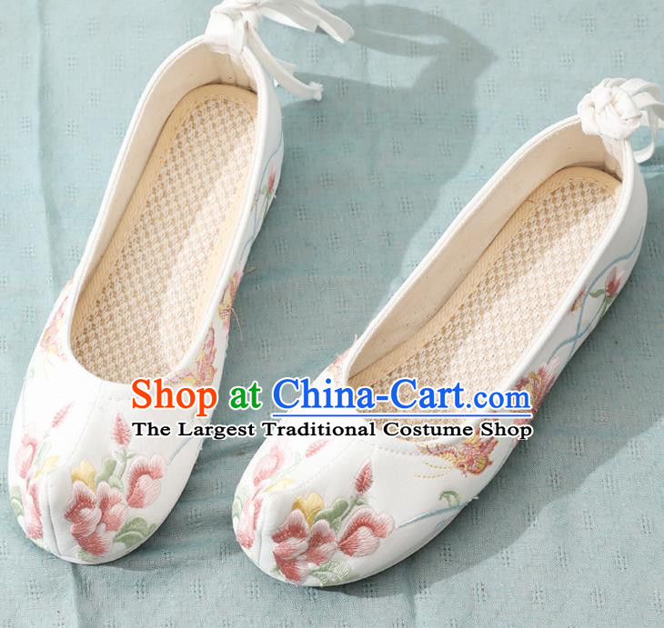 China Ancient Ming Dynasty Princess Shoes Traditional Hanfu Bow Shoes Embroidery Peony Butterfly Shoes