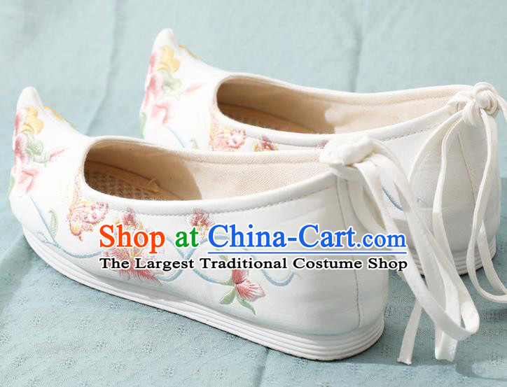 China Ancient Ming Dynasty Princess Shoes Traditional Hanfu Bow Shoes Embroidery Peony Butterfly Shoes