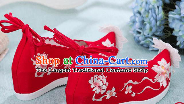 China National Wedding Red Cloth Shoes Traditional Hanfu Embroidered Shoes Handmade Lace Flower Wedge Shoes