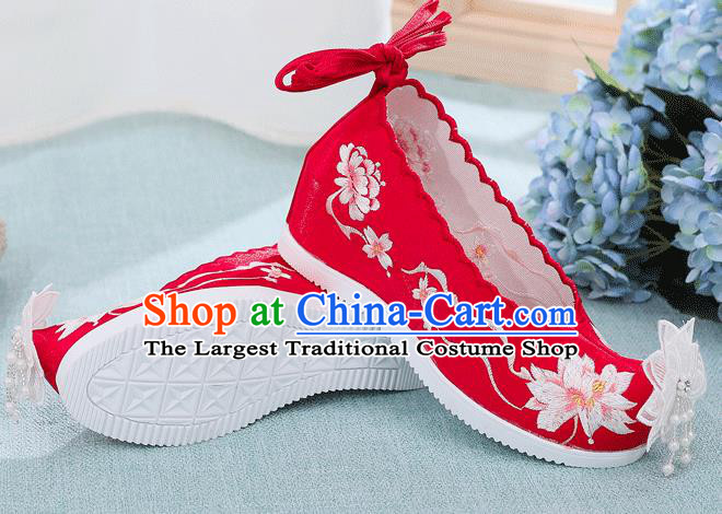 China National Wedding Red Cloth Shoes Traditional Hanfu Embroidered Shoes Handmade Lace Flower Wedge Shoes