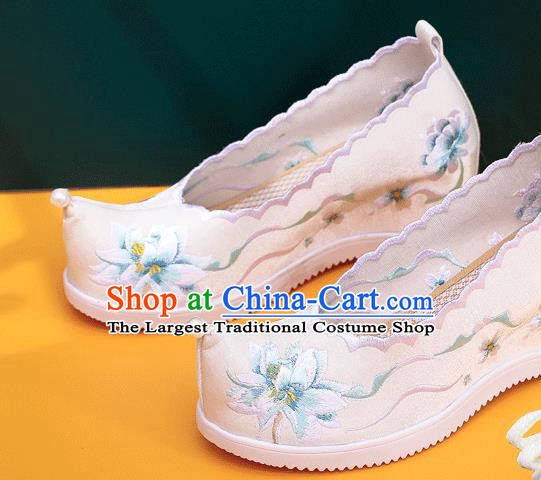 China National Folk Dance Shoes Traditional Hanfu Embroidered White Cloth Shoes Handmade Woman Wedge Shoes