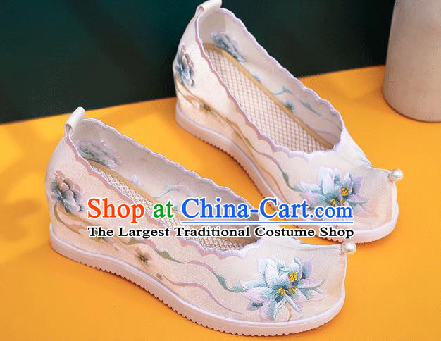 China National Folk Dance Shoes Traditional Hanfu Embroidered White Cloth Shoes Handmade Woman Wedge Shoes