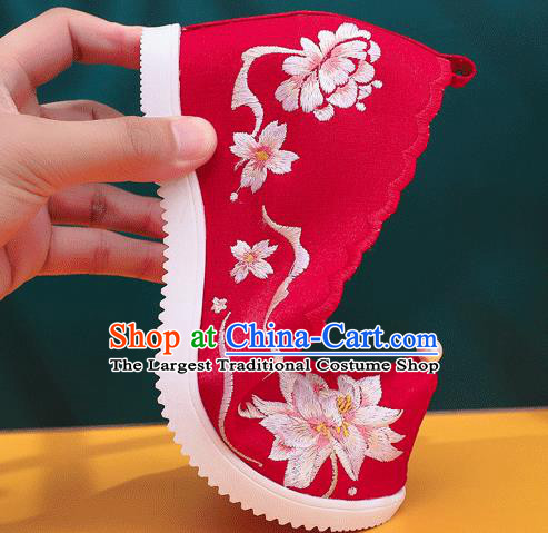 China Handmade Xiuhe Wedge Shoes National Folk Dance Shoes Traditional Hanfu Embroidered Red Cloth Shoes