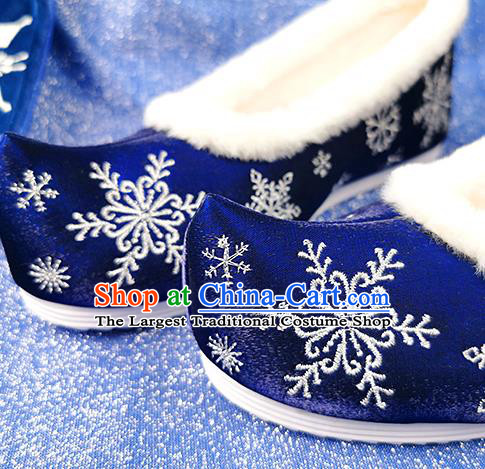 China Traditional Hanfu Embroidered Snowflake Shoes Ancient Princess Shoes Classical Royalblue Cloth Shoes