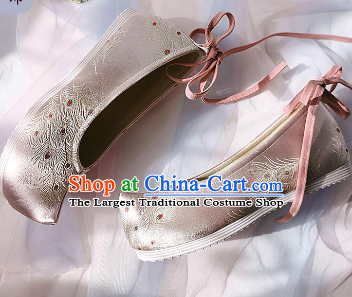 China Classical Pink Brocade Shoes Traditional Hanfu Embroidered Peacock Feather Shoes Ancient Princess Shoes