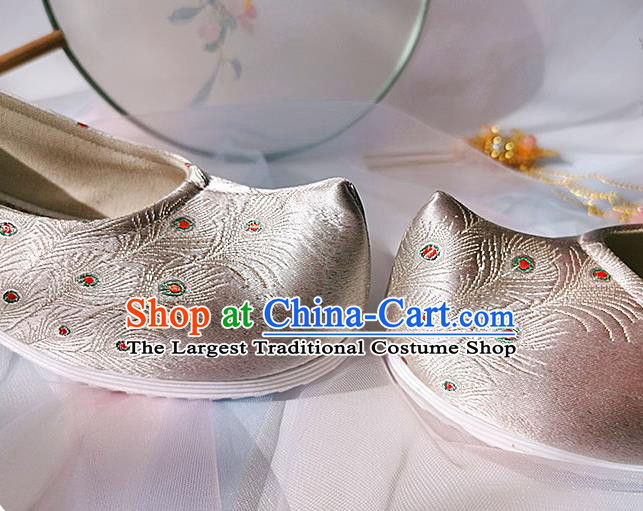 China Classical Pink Brocade Shoes Traditional Hanfu Embroidered Peacock Feather Shoes Ancient Princess Shoes