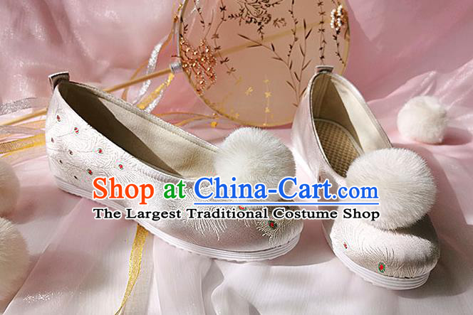 China Ancient Princess Shoes Classical Pink Brocade Shoes Traditional Hanfu Embroidered Peacock Feather Shoes