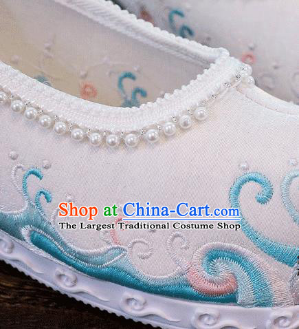 China Handmade Folk Dance Pearls Shoes National Woman White Shoes Traditional Hanfu Embroidered Wave Shoes