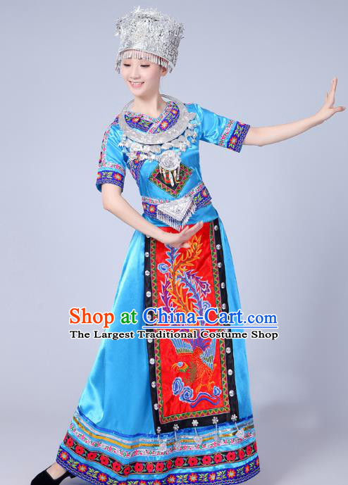 China Ethnic Stage Performance Blue Dress Yao Nationality Clothing Miao Minority Folk Dance Outfits and Hair Accessories