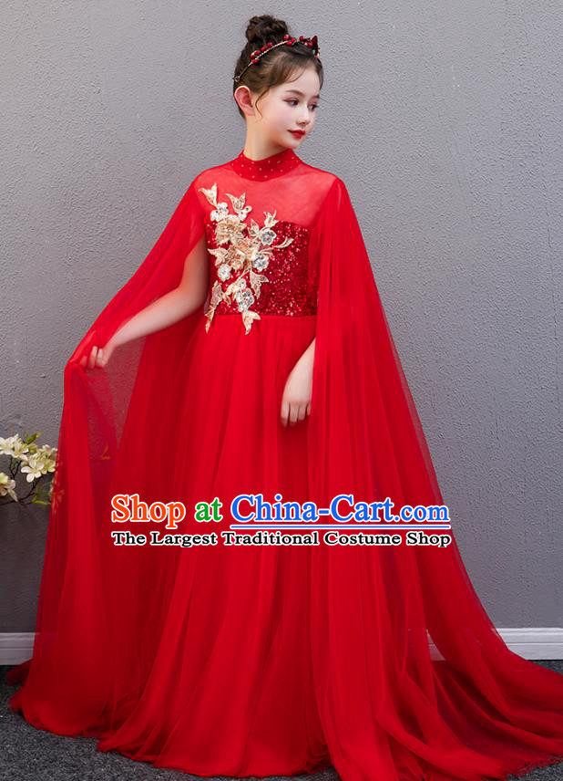 Top Grade Children Catwalks Costume Girl Compere Red Veil Dress Stage Performance Fashion