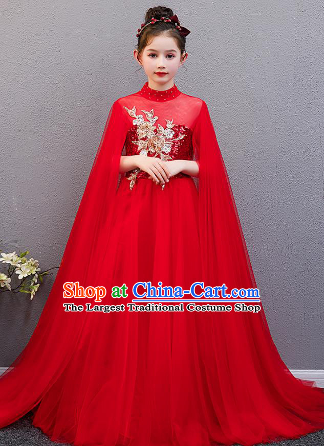 Top Grade Children Catwalks Costume Girl Compere Red Veil Dress Stage Performance Fashion