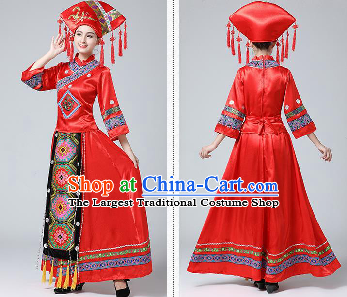 China Guangxi Minority Folk Dance Outfits Ethnic Stage Performance Red Dress Zhuang Nationality Wedding Clothing and Hat