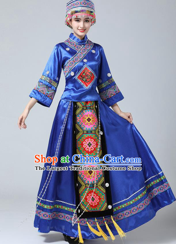 China Zhuang Nationality Clothing Guangxi Minority Folk Dance Outfits Ethnic Stage Performance Royalblue Dress and Headwear