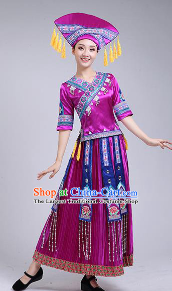 China Guangxi Ethnic Dance Outfits Minority Performance Purple Dress Zhuang Nationality Clothing