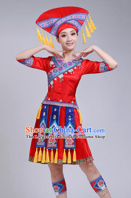 China Zhuang Nationality Woman Clothing Ethnic Folk Dance Outfits Guangxi Minority Performance Red Short Dress