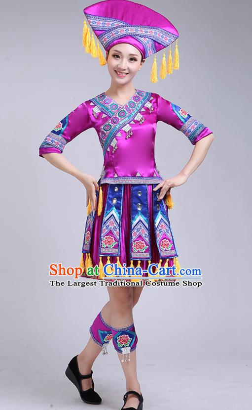 China Ethnic Folk Dance Outfits Guangxi Minority Performance Purple Short Dress Zhuang Nationality Woman Clothing