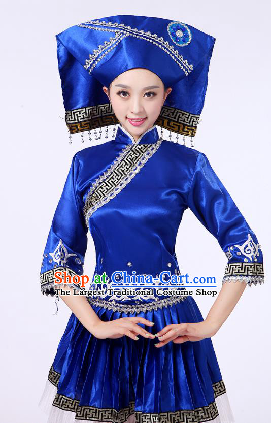 China Guangxi Nationality Folk Dance Clothing Zhuang Ethnic Performance Outfits Tujia Minority Royalblue Short Dress