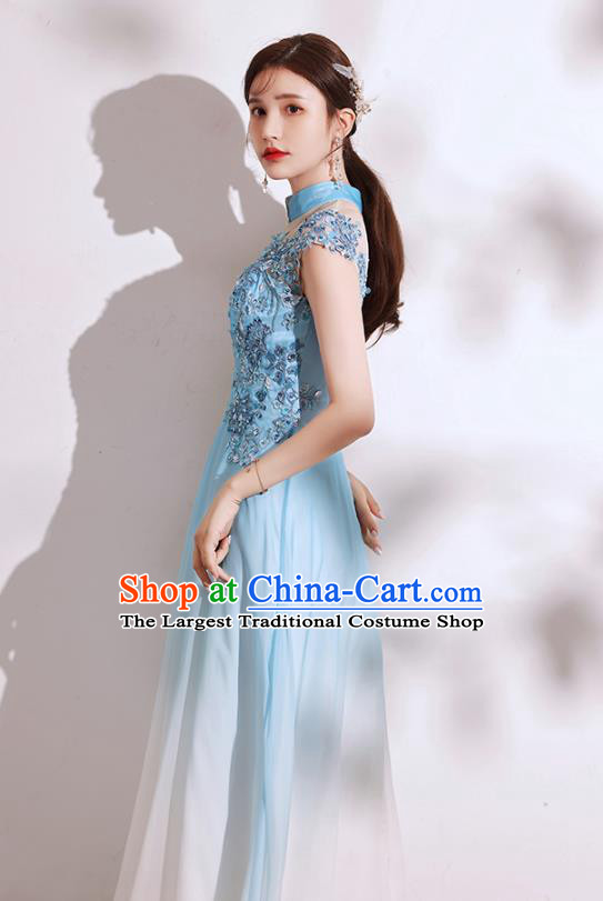 China Chorus Group Costumes Annual Meeting Compere Clothing Catwalks Blue Dress