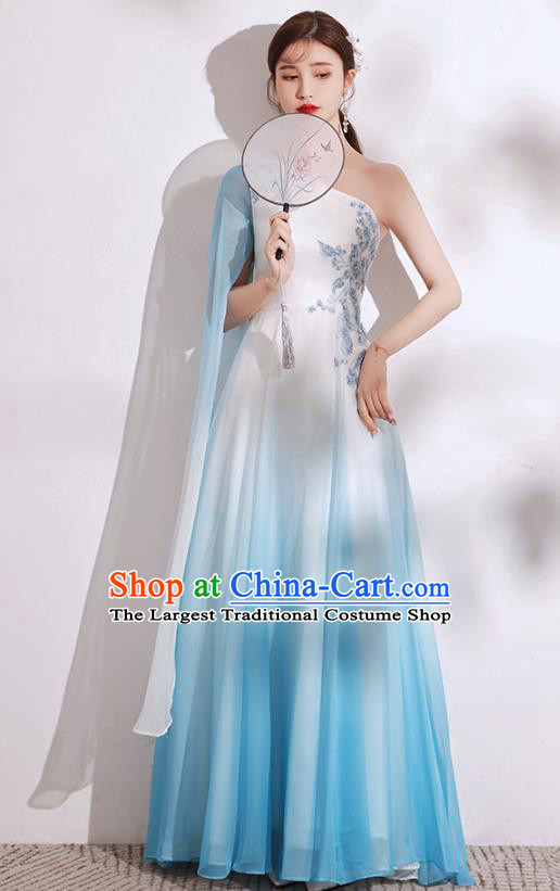 China Stage Performance Blue Dress Chorus Group Costumes Annual Meeting Compere Clothing