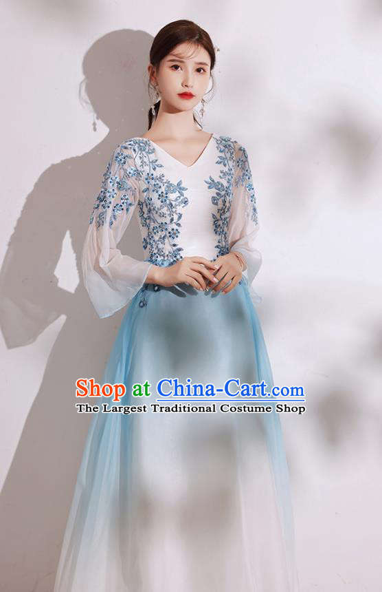 China Annual Meeting Compere Clothing Stage Show Blue Full Dress Chorus Group Costumes