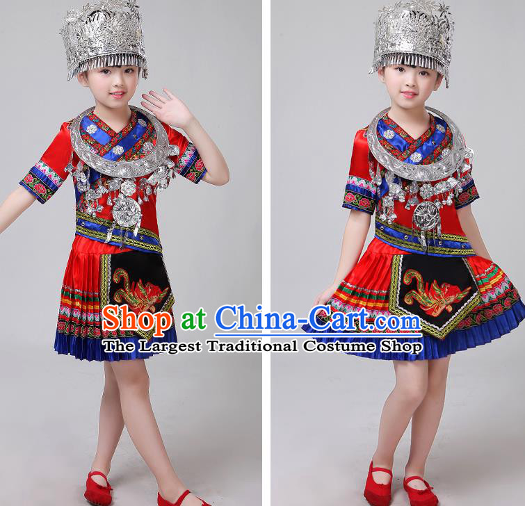 Chinese Yi Nationality Girl Festival Costumes Tujia Ethnic Stage Performance Red Short Dress Outfits