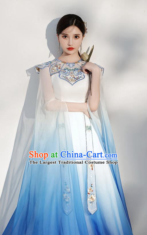 China Annual Meeting Catwalks Clothing Stage Show Embroidered Royalblue Full Dress Zither Performance Costume
