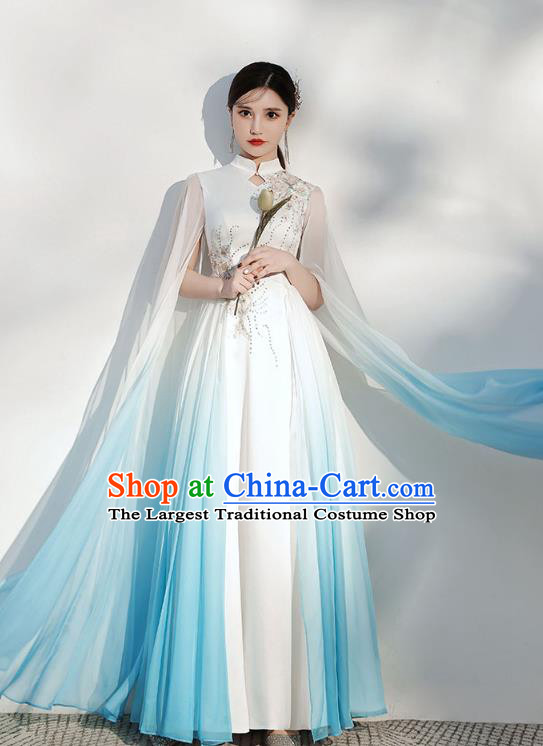China Annual Meeting Compere Clothing Chorus Performance White Satin Full Dress Modern Dance Costume