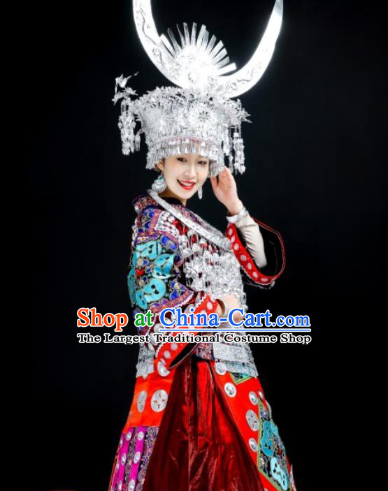 China Miao Nationality Stage Performance Clothing Folk Dance Costumes Xiangxi Ethnic Red Dress and Headdress