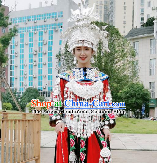 China Miao Nationality Bride Clothing Xiangxi Minority Folk Dance Costumes Ethnic Wedding Red Dress and Jewelry Accessories