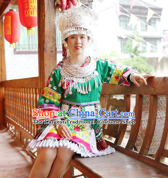 China Guizhou Minority Folk Dance Green Outfits Ethnic Stage Performance Dress Miao Nationality Clothing and Hat