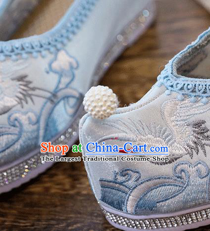 China Handmade Hanfu Blue Shoes Traditional Ming Dynasty Princess Shoes Embroidered Crane Shoes