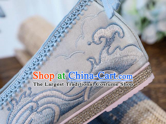 China Handmade Hanfu Blue Shoes Traditional Ming Dynasty Princess Shoes Embroidered Crane Shoes
