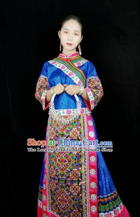 China Miao Nationality Wedding Clothing Xiangxi Hmong Minority Holiday Blue Outfits Ethnic Performance Dress and Headdress