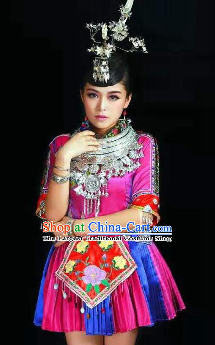 China Yao Minority Folk Dance Purple Outfits Ethnic Young Lady Dress Guizhou Nationality Performance Clothing and Hair Accessories