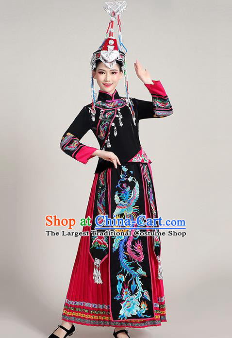 China She Minority Folk Dance Outfits Ethnic Stage Performance Dress Yao Nationality Clothing and Hat