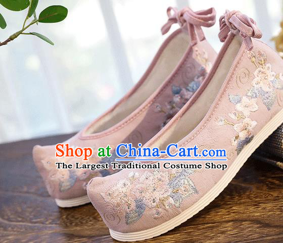 China Handmade Diamante Hanfu Shoes Traditional Folk Dance Pink Cloth Shoes Embroidered Peach Blossom Shoes